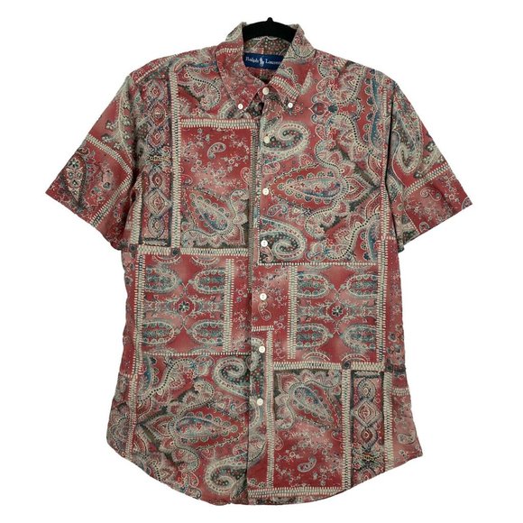 Ralph Lauren Shirt Short Sleeve Button Down Small Red Paisley Cotton - Picture 1 of 9